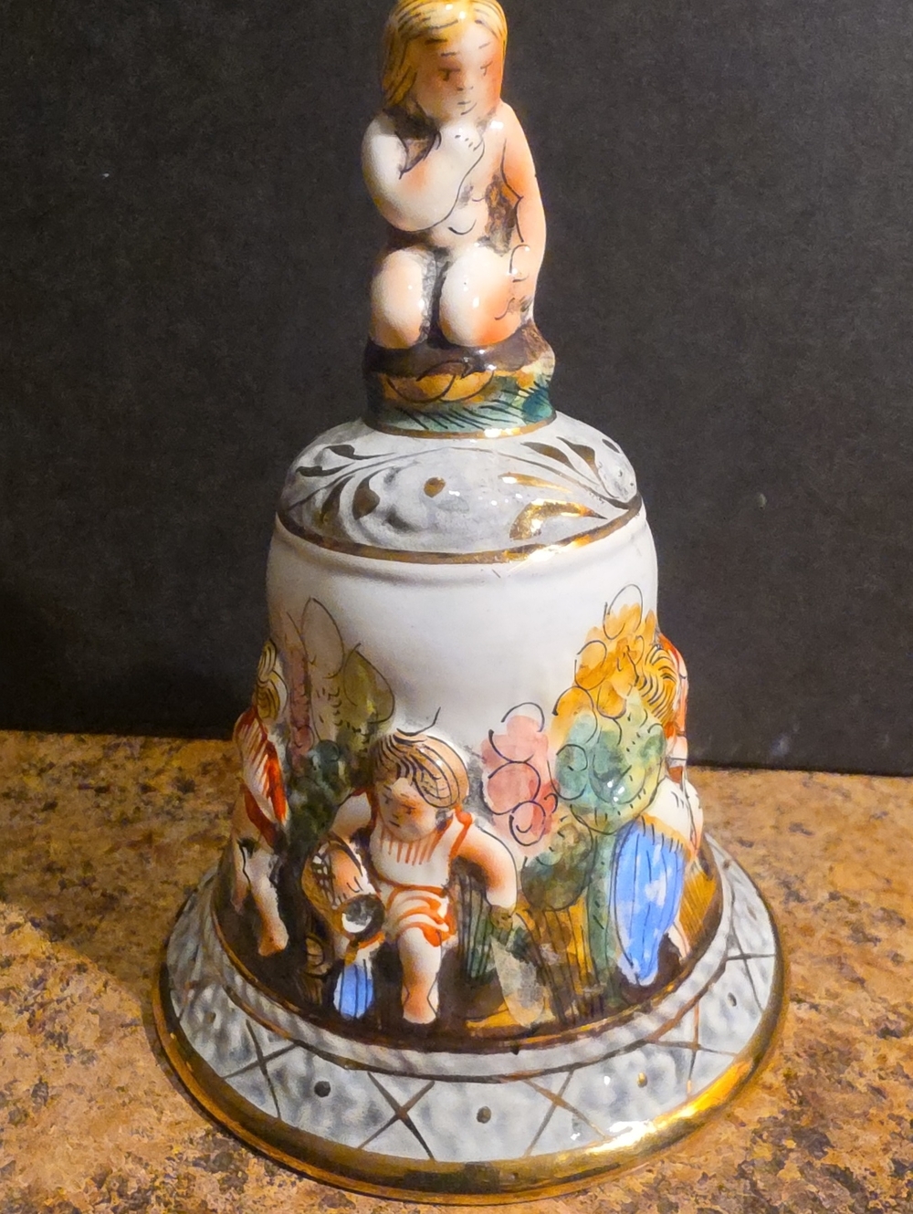 Hand-Painted Ceramic Bell with Cherub Accent - Multicolor